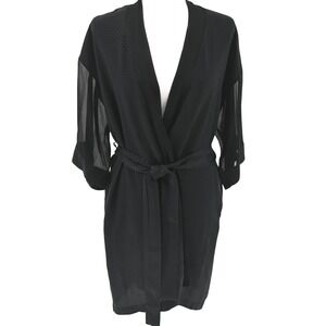 Neiman Marcus 100% Silk Black Jacquard Kimono Robe Sheer Sleeves Tie Waist